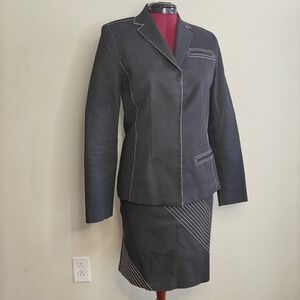 Vintage Y2K Poleci Black Contrast Stitch Skirt Suit Set Blazer 8 Skirt 6 USA